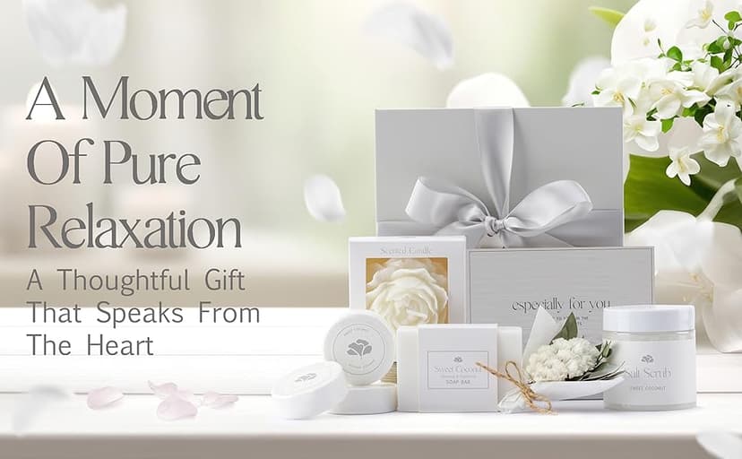 Sweet Coconut Spa Gift Set for Women – Relaxation Gift Basket with Candle, Soap, Salt Scrub & Shower Steamers – Birthday, Thank You, Bridal Shower & Self Care for Mom, Wife, Sister, Friend