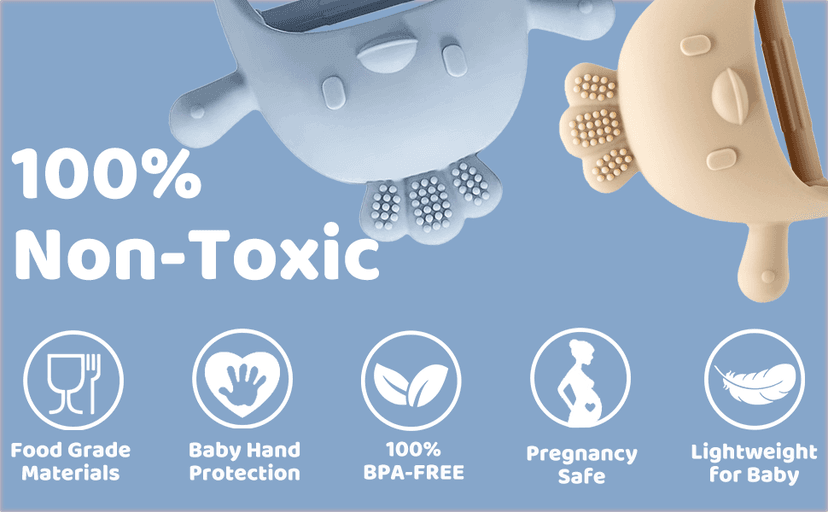 2 Pack Baby Teething Toy Silicone Teething Mitten for Babies Over 3 Months Anti Dropping Wrist Hand Teethers Baby Chew Toys for Sucking Needs, BPA Free (Blue & Caramel)