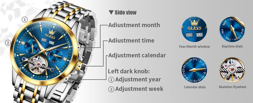 OLEVS Automatic Watches for Men Luxury Skeleton Multi-Function Mechanical Watch Self Winding Date Waterproof Luminous Mens Watch