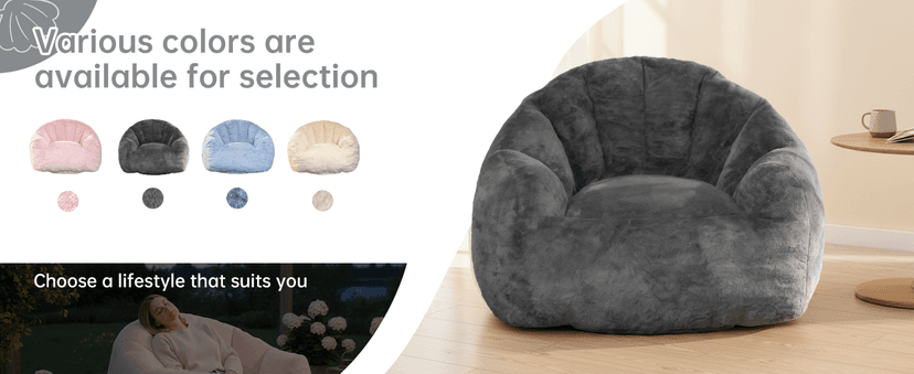 Bean Bag Chair, Giant Beanbag Chiars for Adults, Faux Fur Shell-Shaped Floor Sofa with Filler, Comfy Chair for Reading, Gaming and Relax (Grey)