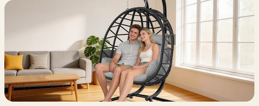 Suteck Double Hanging Egg Chair with Stand, Outdoor Indoor 2 Person Wicker Egg Swing Chair with Cushion, 700lbs Capacity for Patio, Bedroom, Garden - Black