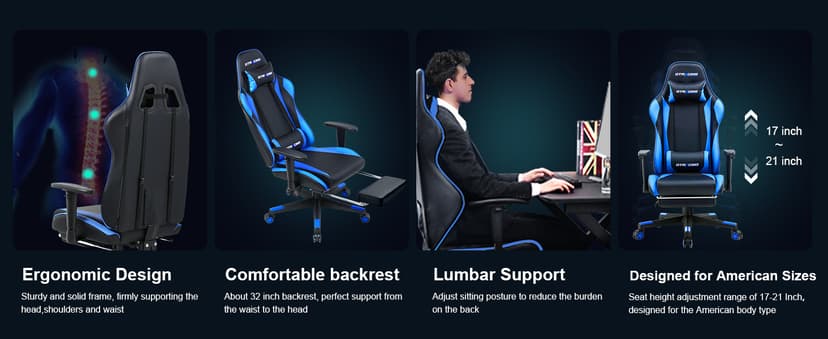 GTRACING Gaming Chair with Footrest, Ergonomic Computer Game Desk Chair, Reclining Game Chair Seat Height Adjustment, Swivel Rocker with Headrest and Lumbar (Blue)
