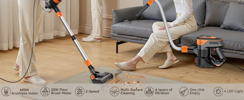 23Ft Corded Vacuum Cleaner, 600W Powerful Self-Standing Stick Vacuum for Home with 20Kpa Suction, 2 Speeds Lightweight Household Vacuum Cleaner for Carpet,Hardwood Floors and Pet Hair