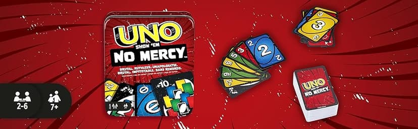 Mattel Games UNO Show ‘em No Mercy Card Game in Storage & Travel Tin for Kids, Adults & Family Night with Extra Cards, Special Rules & Tougher Penalties (Amazon Exclusive)