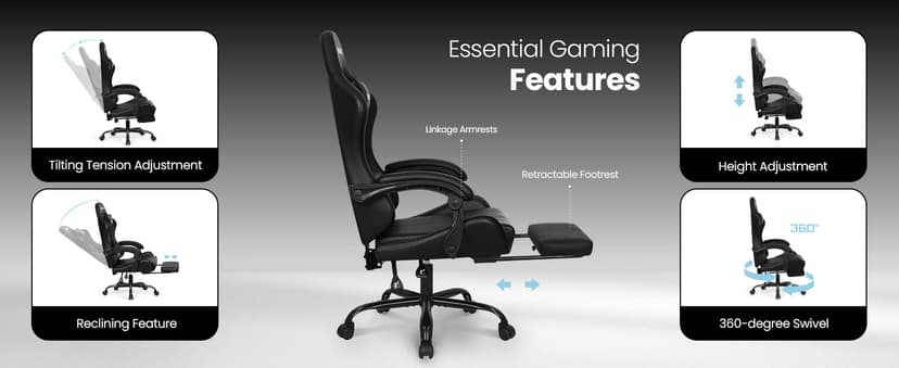 N-GEN GAMING Video Gaming Chair with Footrest Lumbar Support for Home Office High Back Recliner Height Adjustable Ergonomic Comfy Leather Computer Desk Chair (Black)
