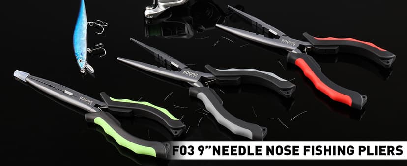 Booms Fishing F03 Needle Nose Fishing Pliers, 9" Fisherman's Pliers, Long Nose Hook Remover, Saltwater Resistant Fishing Gear, Green