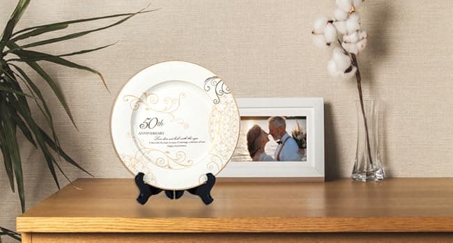 50th Anniversary Wedding Gifts for Couples Parents - 50 Year Marriage Plate with 24k Gold Foil, Golden Keepsake Gift, Ceramic 9 inch