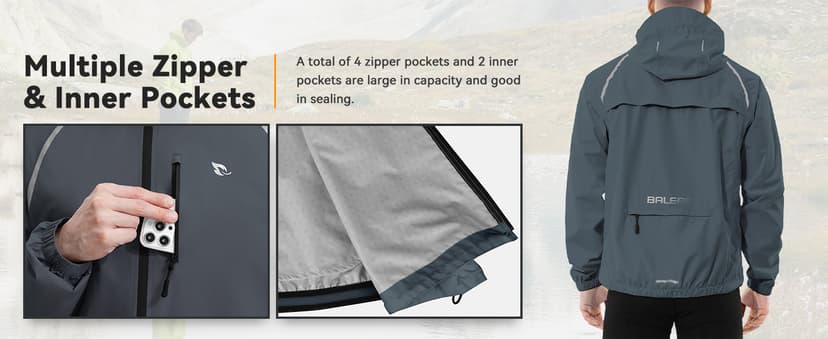 baleaf Men's Rain Jacket Waterproof Windbreaker Raincoat Running Cycling Hiking Gear Hood Lightweight Reflective Packable