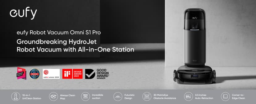 eufy Robot Vacuum Omni S1 Pro, HydroJet System with Roller Mop, Robot Vacuum and Mop Combos, Eco-Clean Ozone, Incrediable Suction, Obstacle Avoidance, Auto Mop Washing & Drying, Self-Emptying