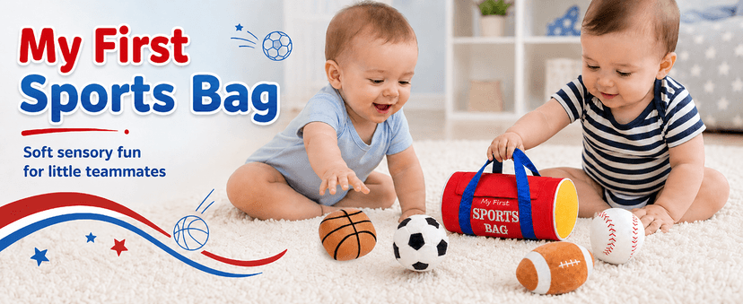 KMUYSL Baby Toys 0-12 Months, My First Sports Bag Plush Toy - 4 Sensory Balls Soft Toys with Crinkle, Rattles for 0-3-6-9-12 Month Newborn Infant, 1st Birthday for Babies Boys Girls Age 1