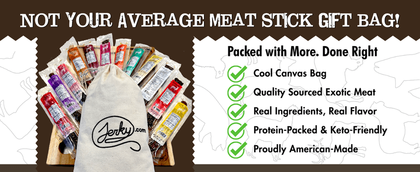 Jerky.com Jerky.com Exotic Meat Sticks Gift Bag | Wild Game Jerky Sampler with Venison, Elk & Wild Boar | 12pc High Protein Meat Snacks Variety Pack | Unique Gift Basket for Men, Dad, Hunters, Outdoorsmen