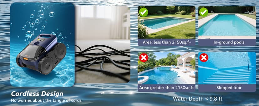 (2025 New) Cordless Robotic Pool Cleaner, Robotic Pool Vacuum for Inground Pools, Floor, Wall, Waterline and Drain Cleaning, 180 min Battery Life for Pool Up to 2150 Sq.ft