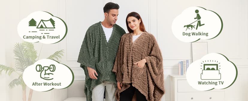 Wearable Blanket Poncho Cape Wrap for Adult, Cozy Sherpa Fleece Pocketed Shawl TV Throw Blankets for Office and Lounge,Green B0DJ8RLDQ3