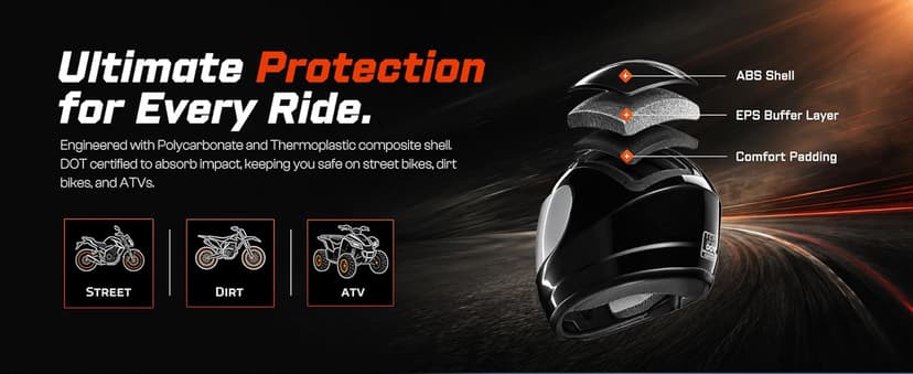 TCMT Full Face Motorcycle Helmet for Adults Men Women, Lightweight Polycarbonate Street Bike Dirt Bike Helmet with Anti-Scratch Mirror Shield and Removable Liner, DOT Approved