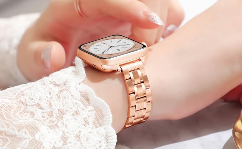 Slim Metal Band for Apple Watch Bands for Women 41mm 40mm 42mm(S10/11) 38mm iWatch Bands, Thin Dressy Fancy Strap for Apple Watch Band Series 10 11 Series 9 8 SE 7 6 5 4 3-Starlight+Rose Gold