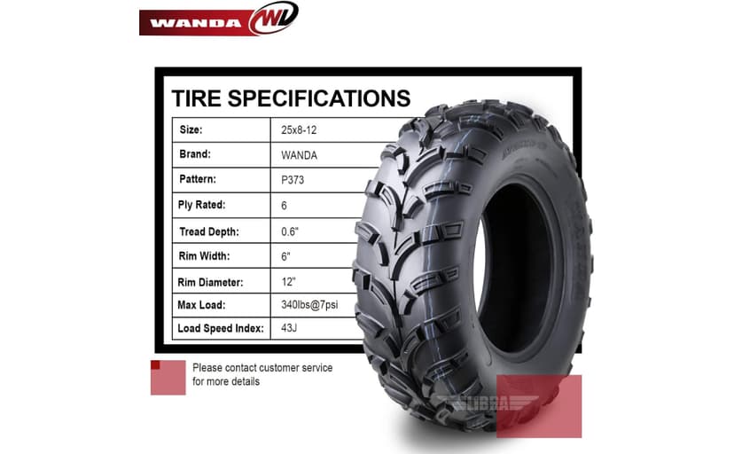 WANDA ATV/UTV Tires 25x8-12 25x8x12 6-Ply Light Mud Tires, Set 2-10243