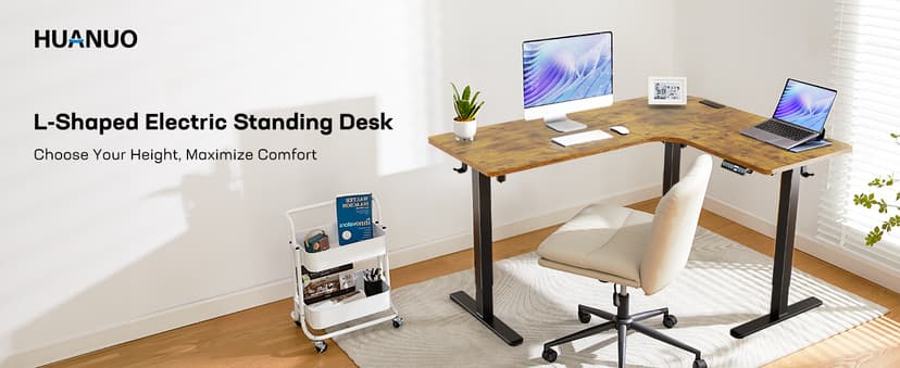 HUANUO 63″ L-Shaped Standing Desk, Built-in Power Outlets, Electric Height Adjustable Corner Computer Desk, Large Power Strip Holder, Sit Stand Up Desk with 3 Preset Heights, Vintage Brown