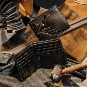 House of Jack Co. Bass Fish Bifold Wallet for Men and Outdoorsmen with Two ID Windows, Full Grain Cowhide Leather Wallet, Black