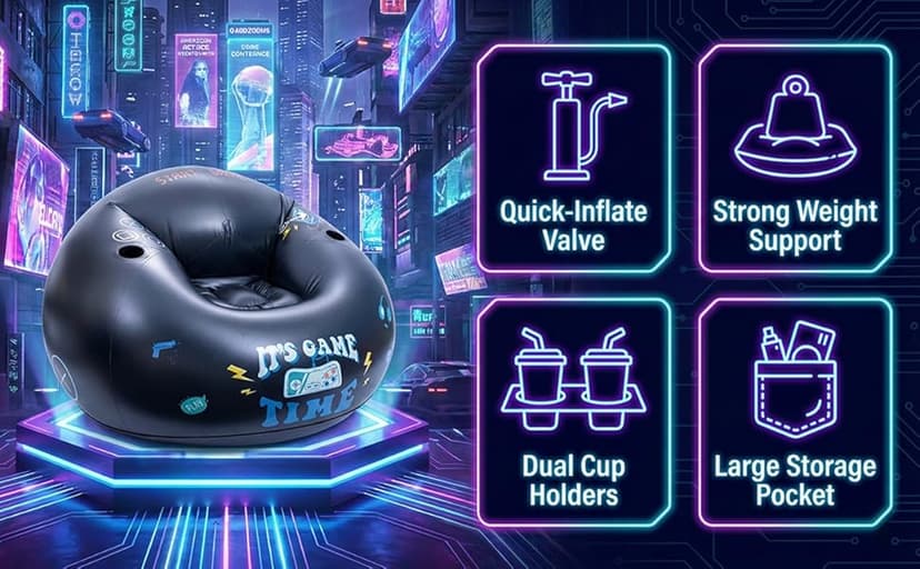 Inflatable Gaming Chair for Kids and Teens with Cup Holders and Side Pocket, Blow Up Bean Bag Gaming Chair for Boys, Comfortable Inflatable Lounge Seat for Gamer Room Decor and Boys Room Furniture