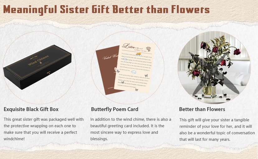 Sister Gifts, Sister Birthday Gift, 32" Sister Butterfly Wind Chimes, Sisters Gifts from Sister for Christmas Mothers Day