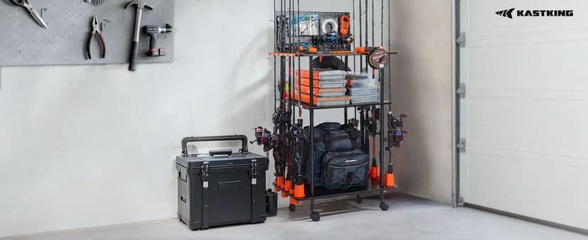 KastKing V10 Gear Trolley, Indoor Fishing Rod Holder for 10 Combos, 3-Tier Fishing Accessory Shelves With Peg Wall, Patented Built-in Line Spooler, Mobile Tackle Storage Cart With Locking Wheels