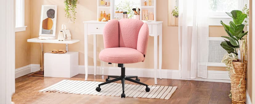 Furniliving Velvet Vanity Chair with Wheels, Adjustable Height Swivel Desk Chair& Lumbar Support, Armless Upholstered Makeup Chair for Bedroom Home Office Study Room (White, Flower)