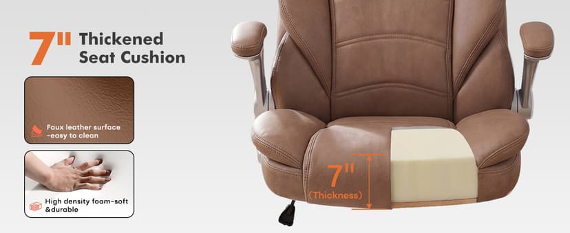 GYI Big and Tall Office Chair 400lb Wide Seat, Ergonomic High Back Leather Executive Desk Chair with Flip-up Arms, Brown