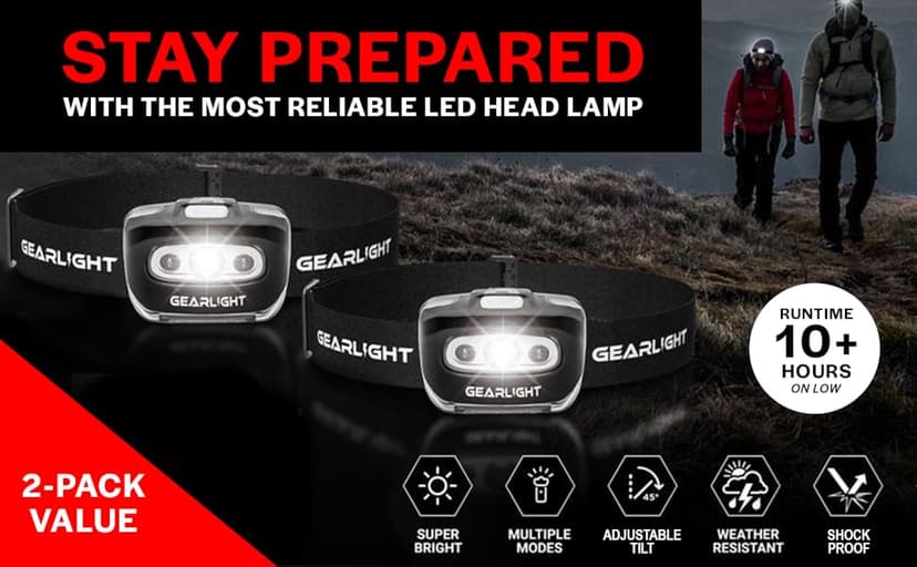 LED Headlamp 2-pack Battery Powered (AAA) (Batteries Not Included) | Head Lamp for Running Hunting Camping Fishing Hiking with Red Light and Adjustable Headband - Bright Forehead Headlamp 7 Modes