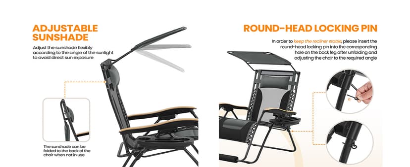Yaheetech 29in Zero Gravity Chair, Adjustable Patio Padded Anti Gravity Recliner Foldable Outdoor Lounger with Cup Holder Tray, Canopy Shade and Headrest for Beach Camping Gray/Black/1