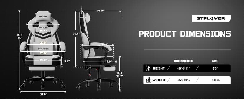 GTPLAYER Gaming Chairs for Adult - Ergonomic Big & Tall Gaming Seat with Footrest & Lumbar Support, Comfortable Office Chair 90-155° Reclining - Heavy Duty Wide Computer Seat, Bright Grey