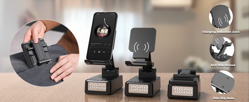 Birthday Gifts for Men Women,6-in-1 Cell Phone Stand Holder with Wireless Bluetooth Speaker & Wireless Charger,Alarm Clock for iPhone,HD Surround Sound Portable Bluetooth Speaker Gifts for Him Her