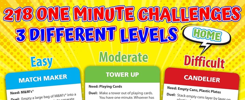 Funwares Home Edition, 218 Minute of Fun Games - Minute to Win It Family Party & Travel for Kids & Adults, 2-12 Players! Play with Everyday Household Items.