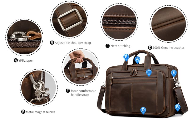 Augus Business Travel Briefcase Genuine Leather Duffel Bags for Men Laptop Bag fits 15.6 inches Laptop YKK Metal Zipper (Dark brown)