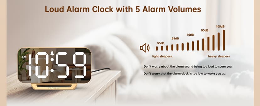 Peakeep Slim Digital Mirror Aesthetic Alarm Clock for Bedrooms Desk Decor - Plug in Electric Big LED Modern Small Clock for Office Living Room, Battery Backup, 6 Dimmers (Gold)