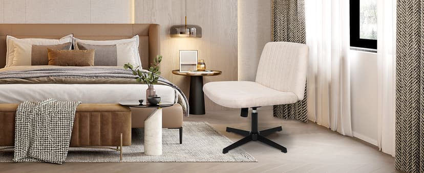 NEO CHAIR Criss Cross Chair No Wheels Armless Cross Legged Office Desk Wide Comfy Vanity Makeup Chair Adjustable Computer Task for Home Office Fabric (Beige)