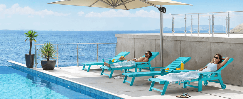 ONBRILL Patio Chaise Lounge Set of 2, Outdoor Lounge Chairs with 5-Level Adjustable Backrest, CupHolder, No Fade, No Break, 350lbs Capacity, HDPS Material, Blue