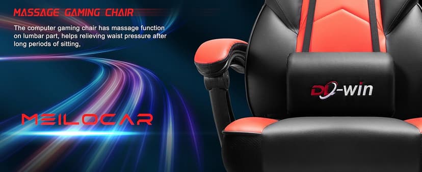 Gaming Chair with Footrest, Video Game Chair for Adults, Big and Tall Computer Chair with Massage Lumbar Support 330lb Weight Capacity, Ergonomic Adjustable Height and 360° Swivel Seat (Red)