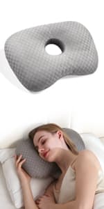 Swaycy Ear Piercing Pillow with an Hole for CNH and Ear Pain Inflammation Pressure Sores for Side Sleepers, Cotton and Polyester Side Sleeper Pillow, Washable and Adjustable Ear Guard Pillow, Gray