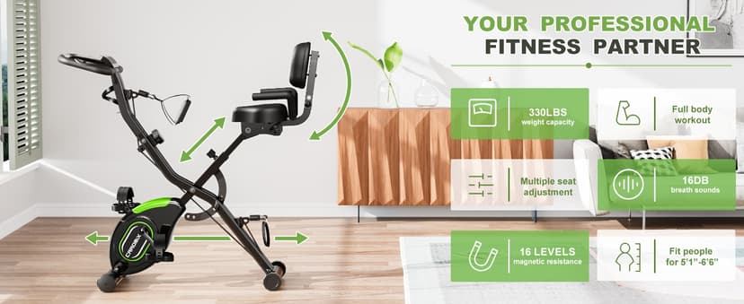 Caromix Folding Exercise Bike, 5 in 1 Stationary Bike with 16-Level Adjustable Magnetic Resistance, 330LB Capacity Indoor Workout Bike, Foldable Exercise Bike for Seniors and Adult