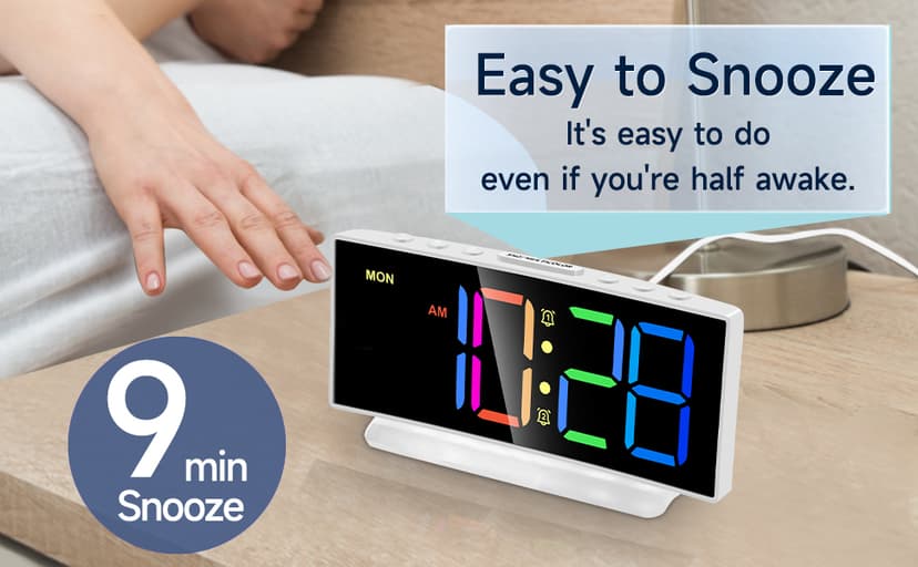 Cadmos Loud Alarm Clocks for Heavy Sleepers,Adults,Kids,Teens,Large Digital Display,7 Color Night Light,Adjustable Volume,Battery Backup,Small Bedside Clocks for Bedrooms (White+Dynamic)