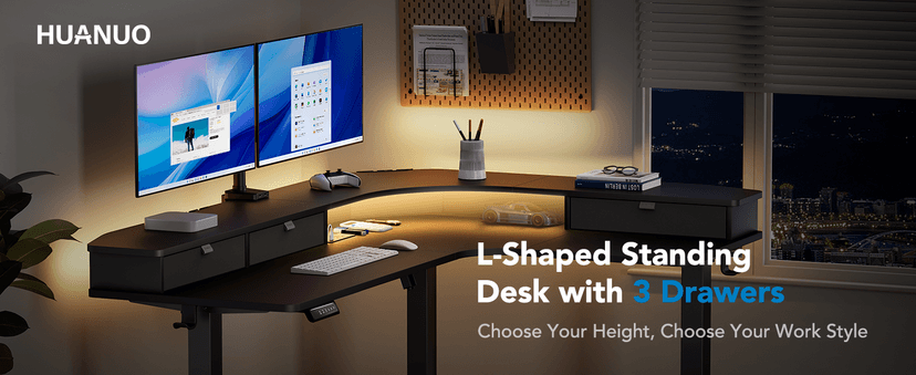 HUANUO 65″ L-Shaped Standing Desk with Power Outlets & LED Strip, Electric Height Adjustable Corner Computer Desk, Sit Stand Up Desk with 3 Drawers, Black
