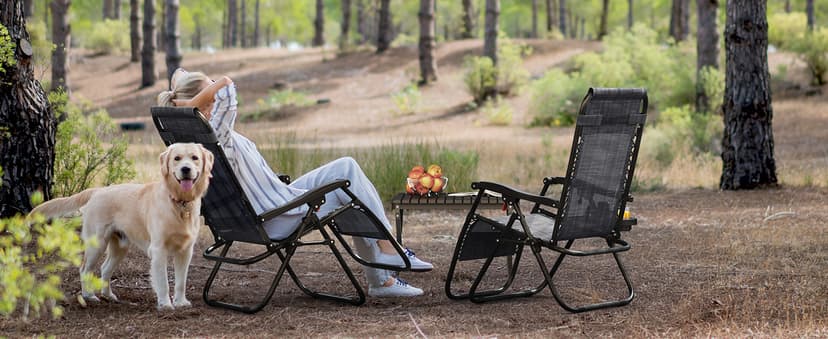 Yaheetech Zero Gravity Recliners Outdoor Adjustable Folding Reclining Lounge Chairs w/Pillows, Cup Holder Trays and Carry Strap for Patio Backyard Beach Gray Set of 2