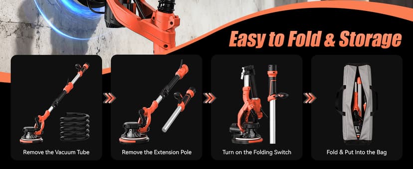 1000W Drywall Sander, Electric Drywall Sander, Popcorn Ceiling Removal Tool with Vacuum Dust Collection, 6 Variable Speed, Foldable Telescopic Handle