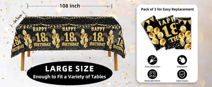 Labeol 3 Pack 18th Birthday Tablecloth, Black and Gold Happy 18th Birthday Decorations, Disposable Plastic Rectangular Table Cover Party Supplies for Boys Girls