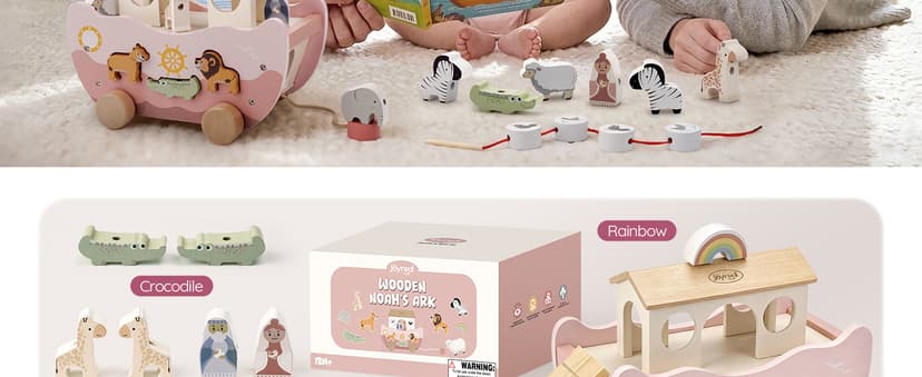 Montessori Educational Toy, Animal Shape Sorter, Christian Toys for Toddler Boy 1-3 Years Old, Christmas Birthday Gift Joyreal Pink Wooden Noah's Ark Toy for 1 Year Old Baby Girl Baptism Gifts B0GCYH2DBZ