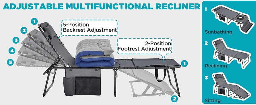 Yaheetech 5 Position Folding Tanning Chair, Outdoor Chaise Lounge Chair with Pad for Beach Patio Poolside Lawn(Gray)