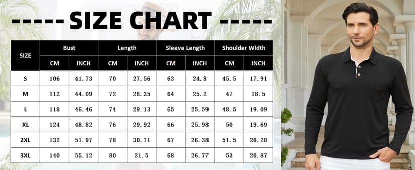 Qekoma Men's Casual Polo Shirts Classic Button Basic Long Sleeve Shirt Solid Color Cotton Tees Stylish Tops