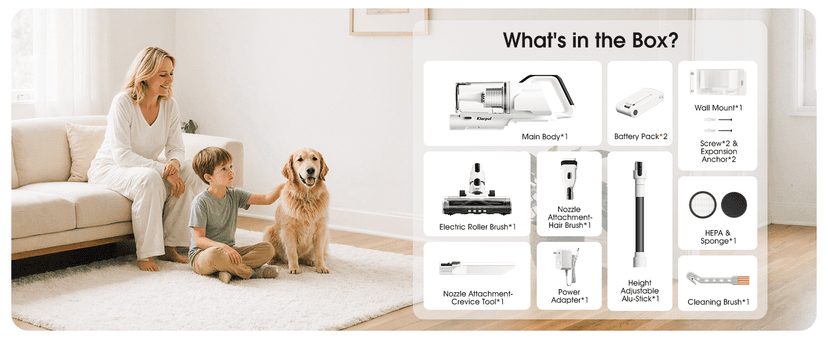 Klarpul Cordless Vacuum Cleaner, 2 Batteries 140 Mins Runtime 600W 50Kpa Stick Vacuum Cordless, Self-Standing Vacuum Cleaners for Home with 2.5H Fast Charging, for Floor/Carpet/Pet Hair, White