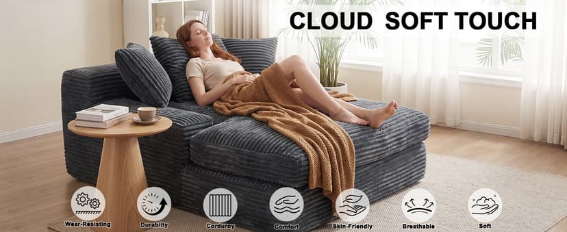 WEUP 69" Indoor Chaise Lounge, Oversized Corduroy Upholstered Armless Sofa Bed, Deep Seat Sleeper Reading Chair, Cloud Sofa for Living Room Bedroom Apartment, No Assembly Required (Gray)