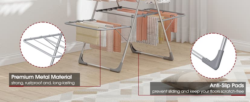 Sakugi Clothes Drying Rack, Foldable 2-Level Laundry Drying Rack with Height-Adjustable Wings, for Clothing & Bedding, Free-Standing Space-Saving Rack, Indoor & Outdoor, 55.5" L × 22.8" W, Gray